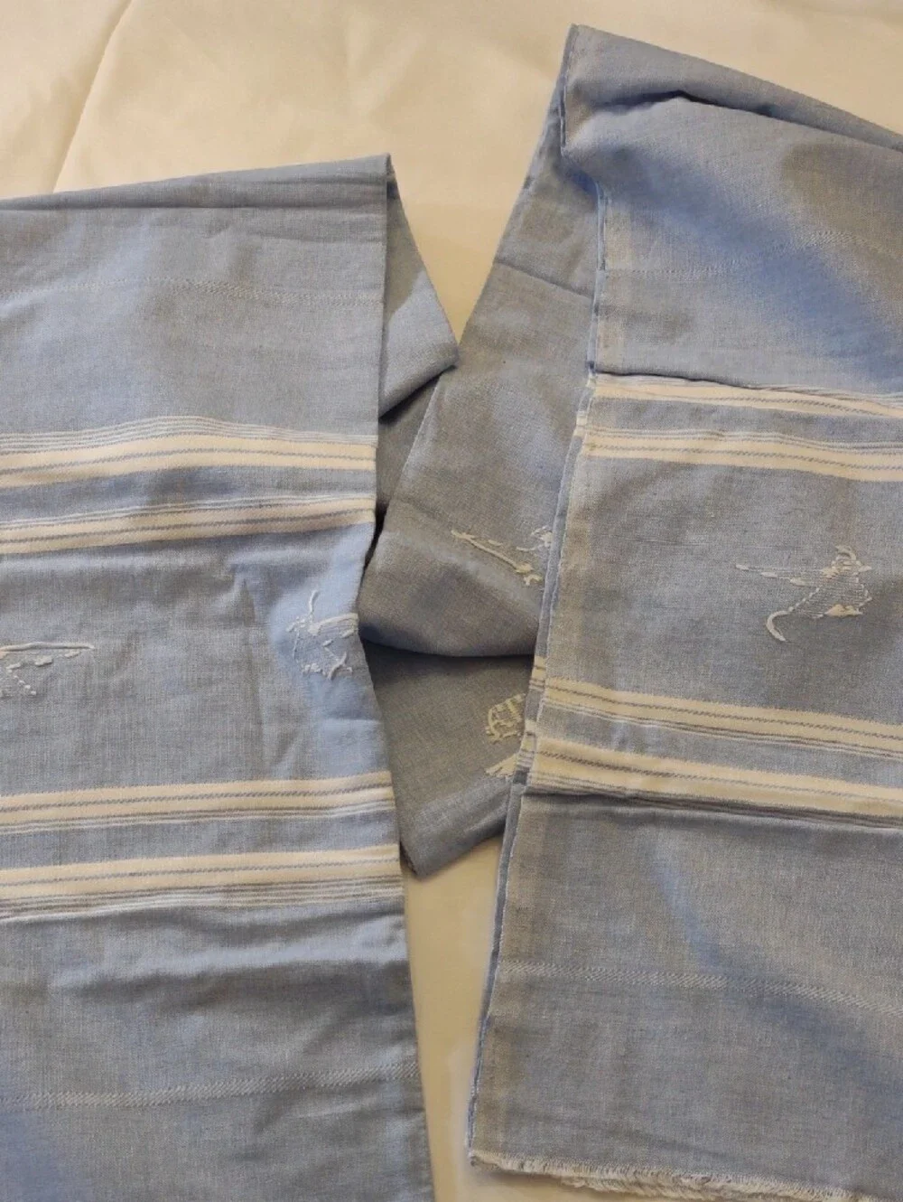 Vintage Hand Woven/Embroidered Lt. Blue Striped Napkin & Table Cloth/Runner Set